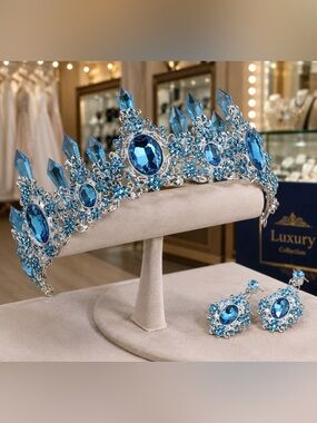 Blue Crystal Tiara and Earrings Set